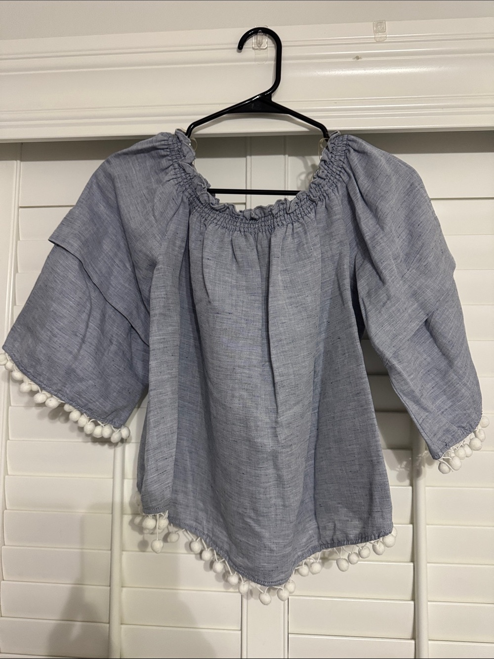 Women’s Light Blue Off-Shoulder Pom Pom Trim Top